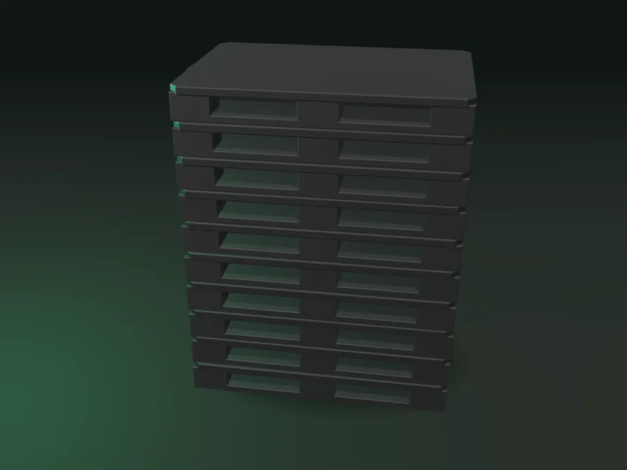 Tall stack of black plastic pallets (3D render)