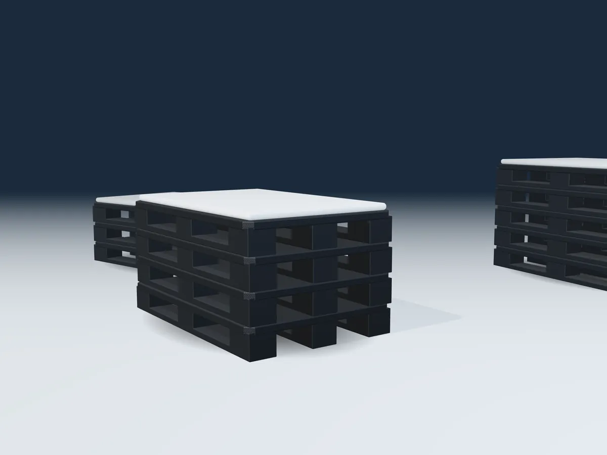 Black plastic pallets with snow on top in an outdoor yard (3D render)